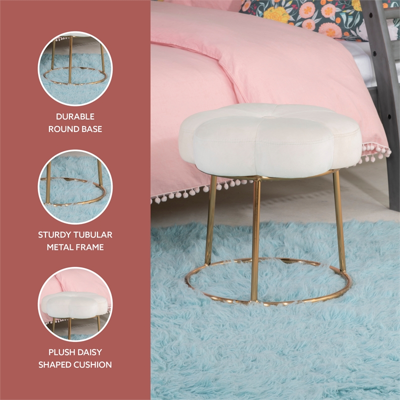 Linon Siena Gold Base Upholstered Flower Shaped Vanity Stool in White Velvet