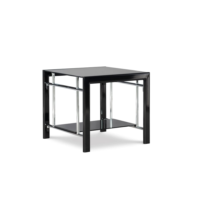 Linon Dart End Table (Set of 2) Top & Bottom Glass Shelves in Glossy Black Steel