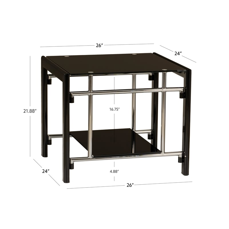 Linon Dart End Table (Set of 2) Top & Bottom Glass Shelves in Glossy Black Steel