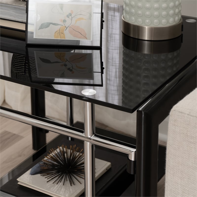 Linon Dart End Table (Set of 2) Top & Bottom Glass Shelves in Glossy Black Steel
