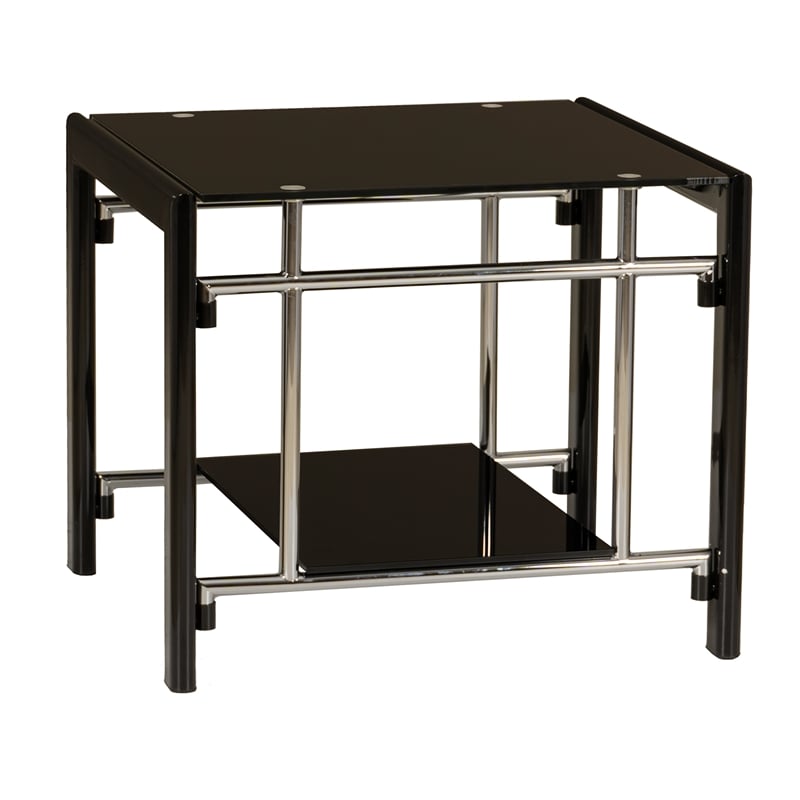 Linon Dart End Table (Set of 2) Top & Bottom Glass Shelves in Glossy Black Steel