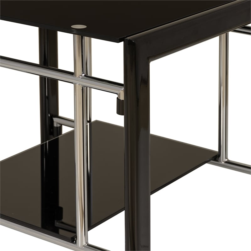 Linon Dart End Table (Set of 2) Top & Bottom Glass Shelves in Glossy Black Steel