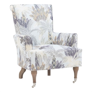 linon junnell leaf print upholstered wood arm chair in gray