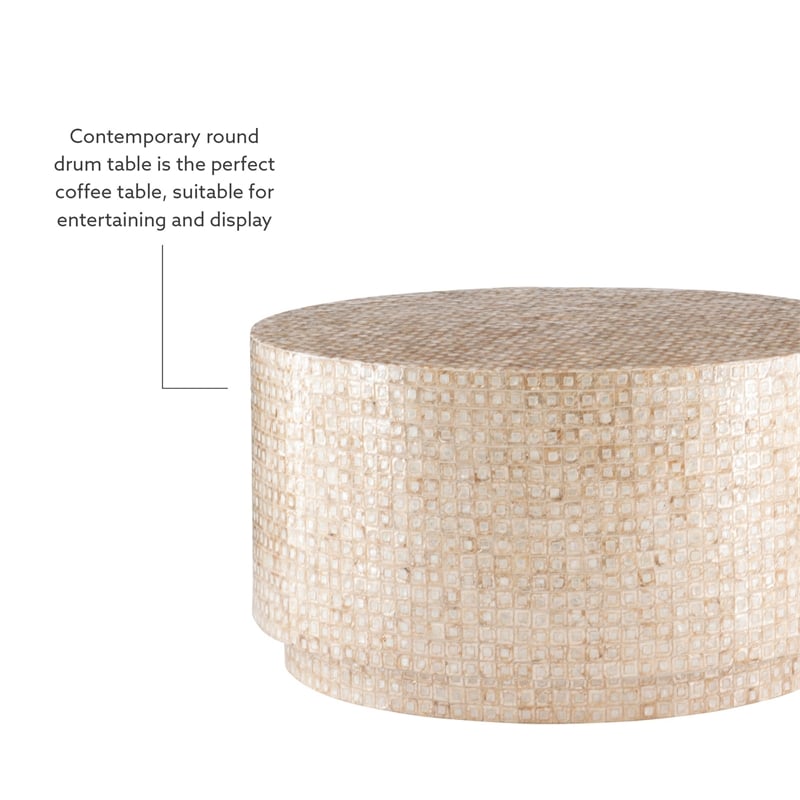 Linon Maui Round Coffee/Accent Table in Gold/Ivory Capiz Shell Mosaic Finish