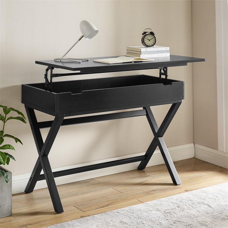 Linon Peggy Lift Top Stand Up Wood Desk with X-Frame Legs in Black