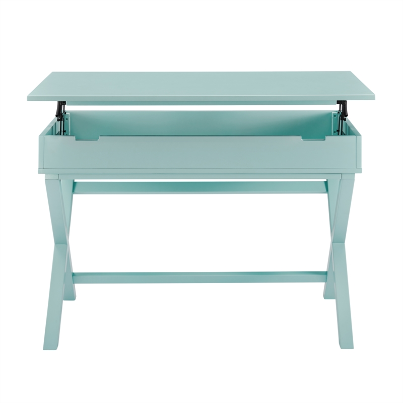 Linon Peggy Lift Top Stand Up Wood Desk with X-Frame Legs in Turquoise Blue