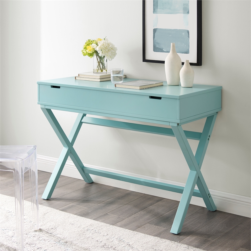 Linon Peggy Lift Top Stand Up Wood Desk with X-Frame Legs in Turquoise Blue