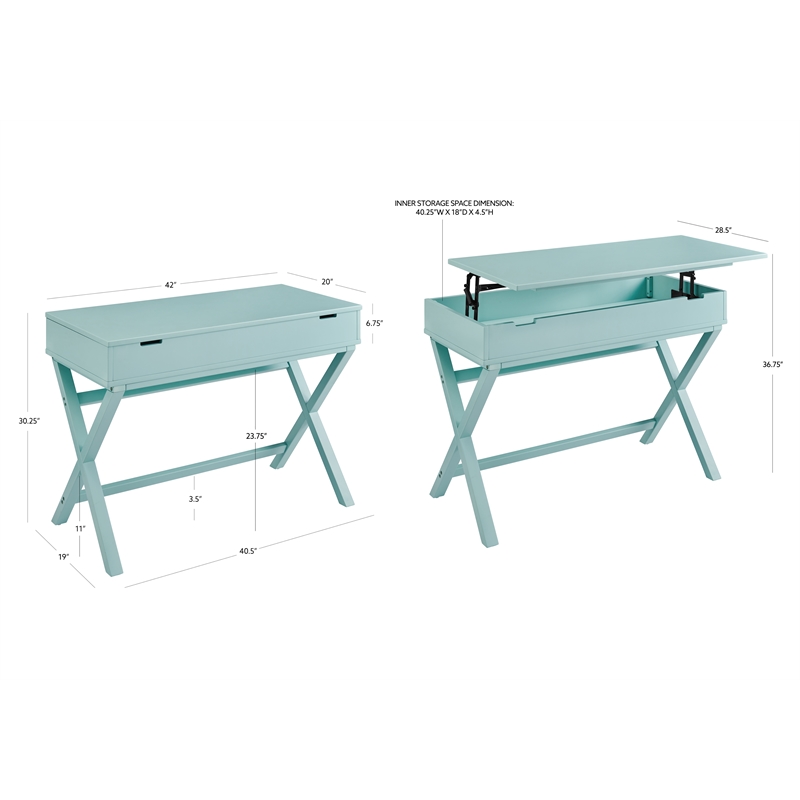 Linon Peggy Lift Top Stand Up Wood Desk with X-Frame Legs in Turquoise Blue