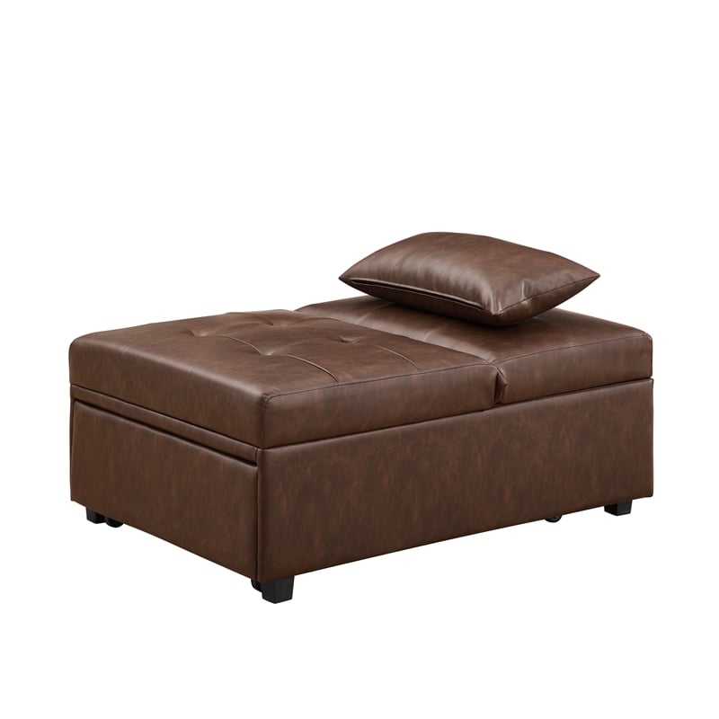 Linon Boone Upholstered Faux Leather Convertible Chair to Sofa Bed in Brown