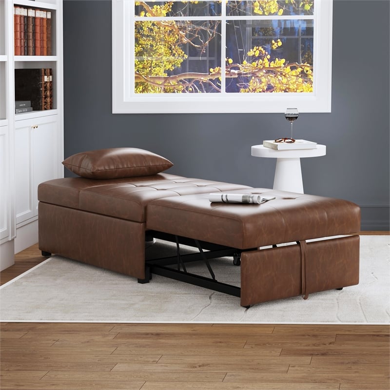 Linon Boone Upholstered Faux Leather Convertible Chair to Sofa Bed in Brown