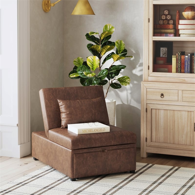 Linon Boone Upholstered Faux Leather Convertible Chair to Sofa Bed in Brown