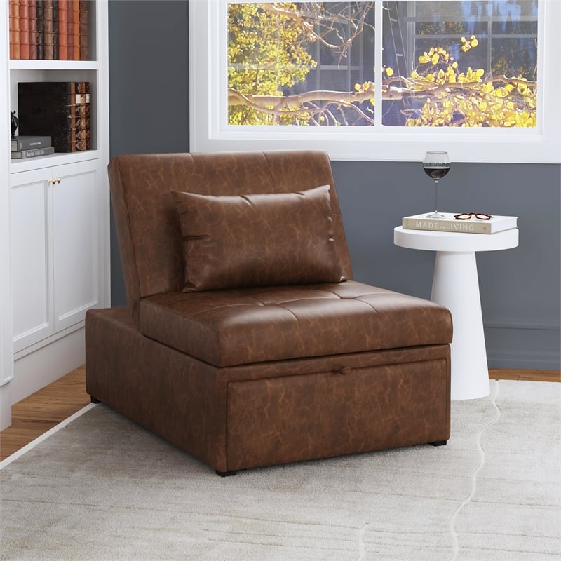 Linon Boone Upholstered Faux Leather Convertible Chair to Sofa Bed in Brown