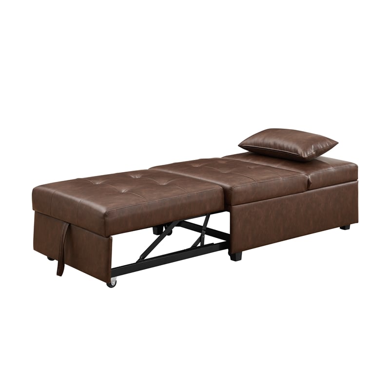 Linon Boone Upholstered Faux Leather Convertible Chair to Sofa Bed in Brown