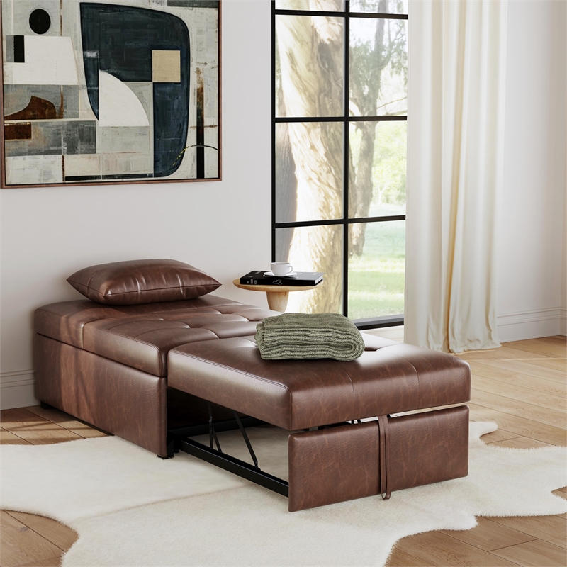 Linon Boone Upholstered Faux Leather Convertible Chair to Sofa Bed in Brown