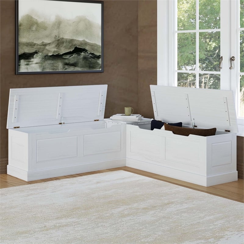 Linon Troyin Backless Corner Nook with Storage in Solid White Pine