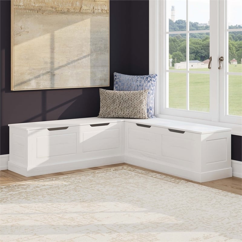 Linon Troyin Backless Corner Nook with Storage in Solid White Pine