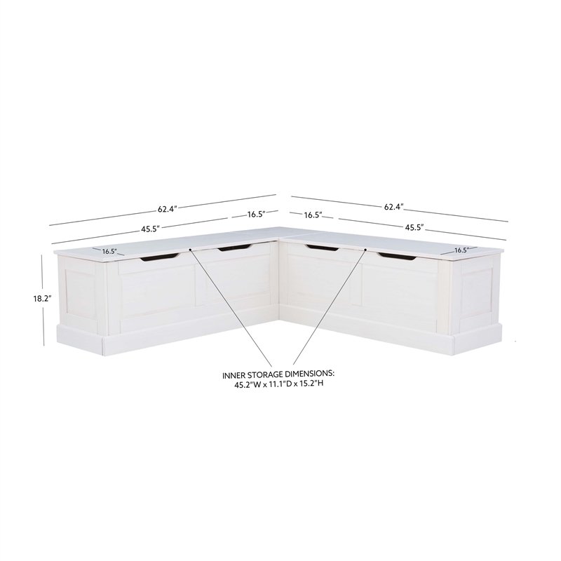 Linon Troyin Backless Corner Nook with Storage in Solid White Pine