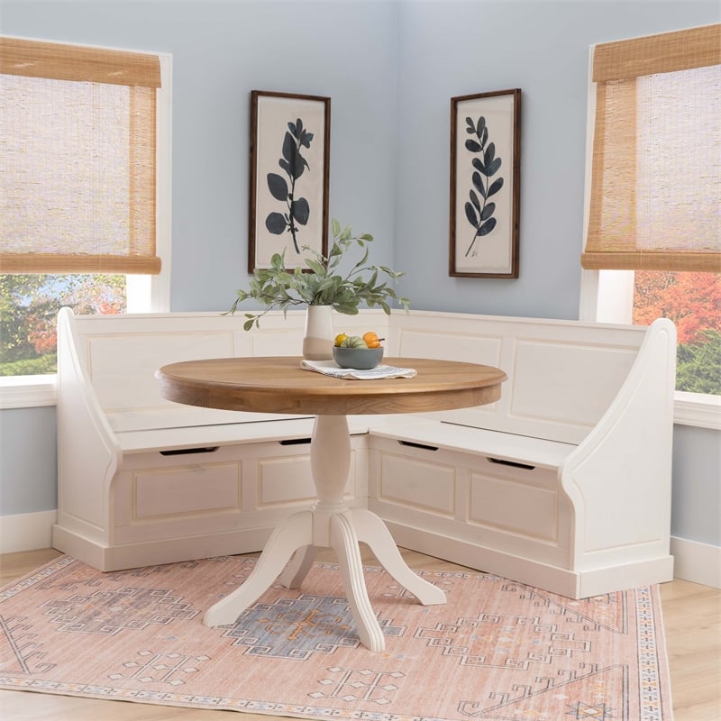 Linon Troyin Corner Storage Nook with 2 Tone Round Table in White/Natural Wood