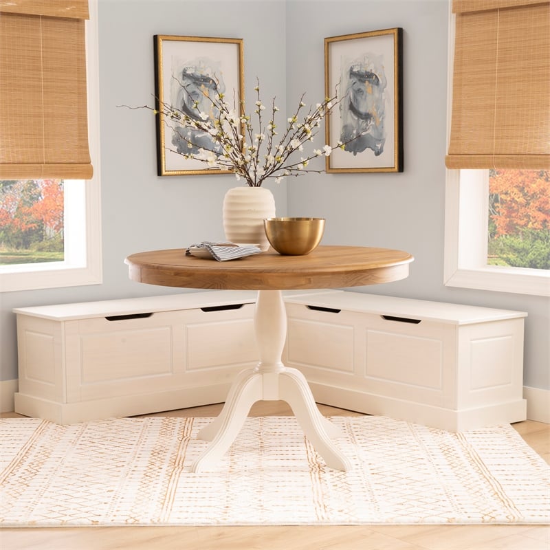 Linon Troyin Backless White Storage Nook and Round Table in White/Natural Wood