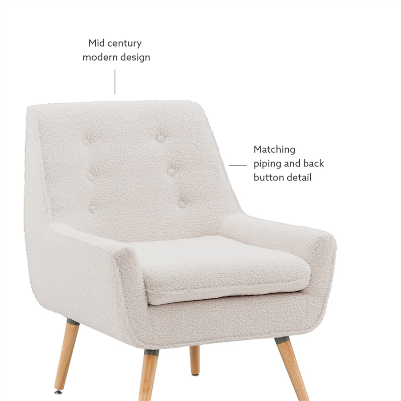 Linon Trelis Upholstered Tufted Accent Chair Natural Wood Legs in Cream Sherpa