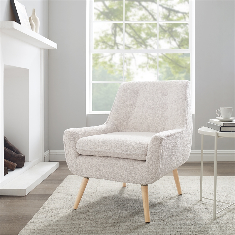 Linon Trelis Upholstered Tufted Accent Chair Natural Wood Legs in Cream Sherpa