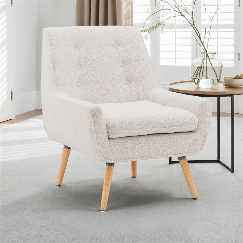 Linon Trelis Upholstered Tufted Accent Chair Natural Wood Legs in Cream Sherpa