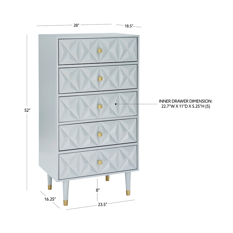 Linon Alick Wood Geo Texture 5 Drawer Chest with Gold Hardware in Gray