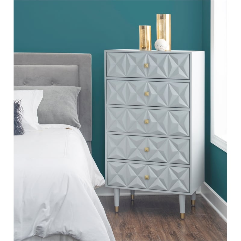 Linon Alick Wood Geo Texture 5 Drawer Chest with Gold Hardware in Gray