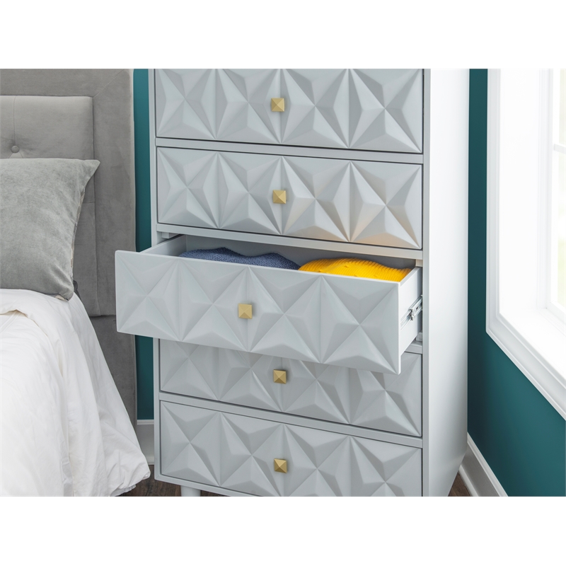 Linon Alick Wood Geo Texture 5 Drawer Chest with Gold Hardware in Gray
