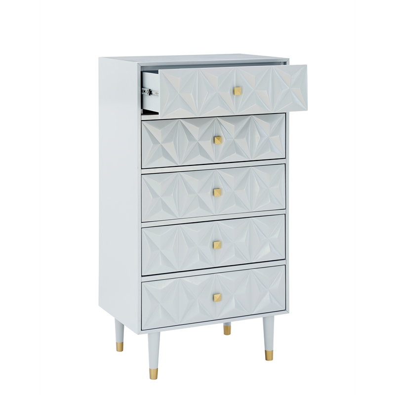 Linon Alick Wood Geo Texture 5 Drawer Chest with Gold Hardware in Gray