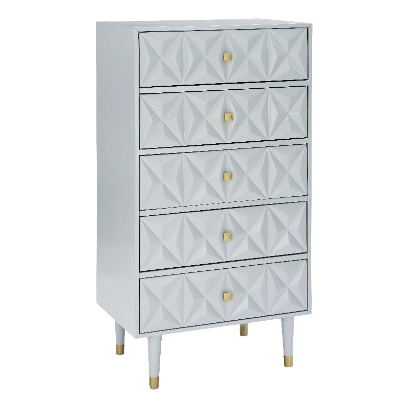 Linon Alick Wood Geo Texture 5 Drawer Chest with Gold Hardware in Gray