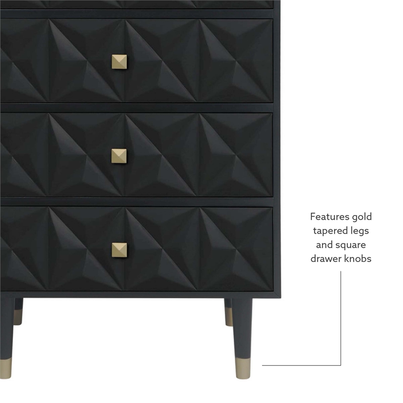 Linon Alick Wood Geo Texture 5 Drawer Chest with Gold Hardware in Glossy Black