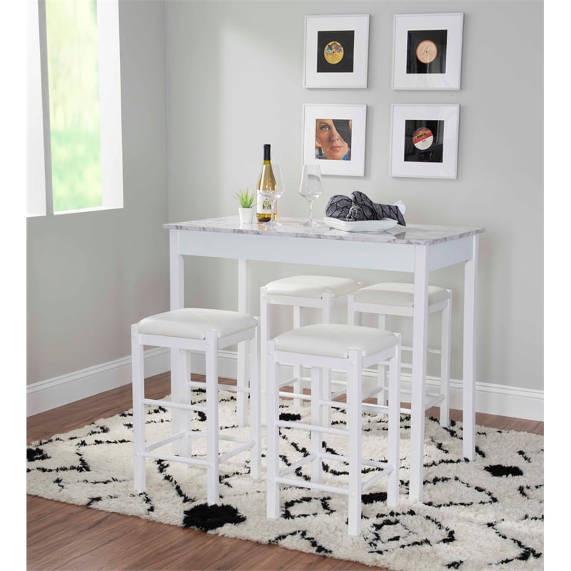 Linon Tifton Five Piece Wood Faux Marble Tavern Set in White