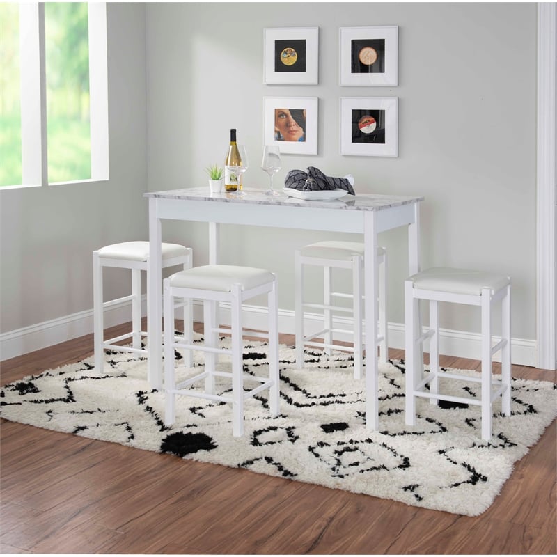 Linon Tifton Five Piece Wood Faux Marble Tavern Set in White