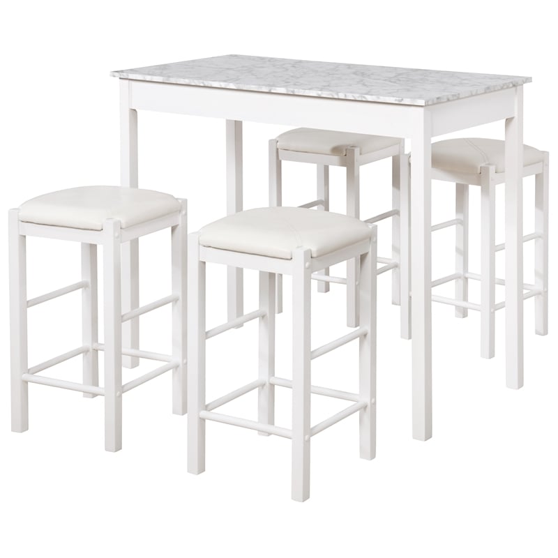 Linon Tifton Five Piece Wood Faux Marble Tavern Set in White