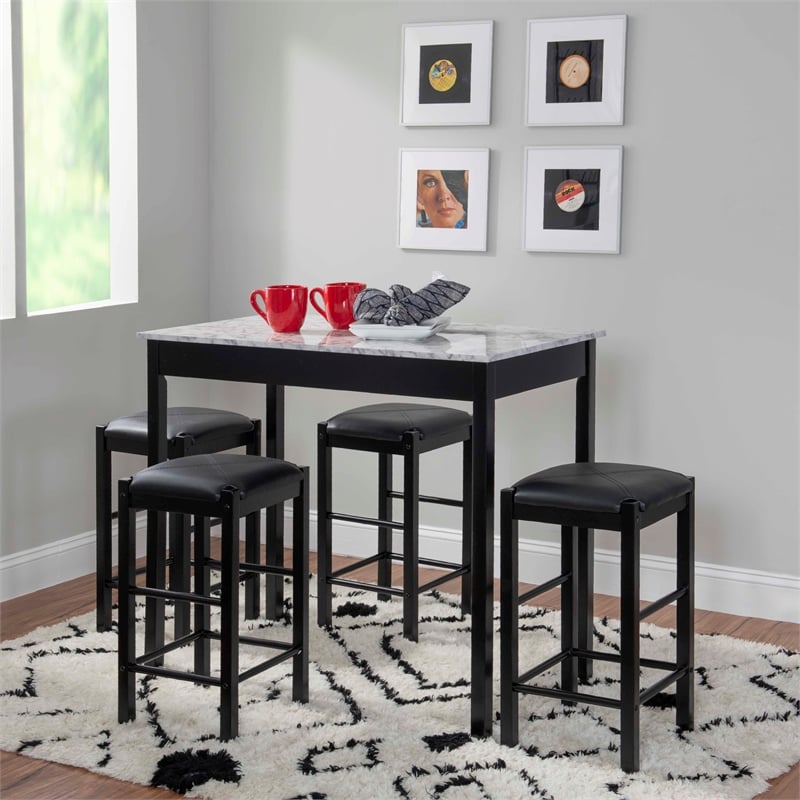 Linon Tifton Five Piece Wood Faux Marble Tavern Set in Black