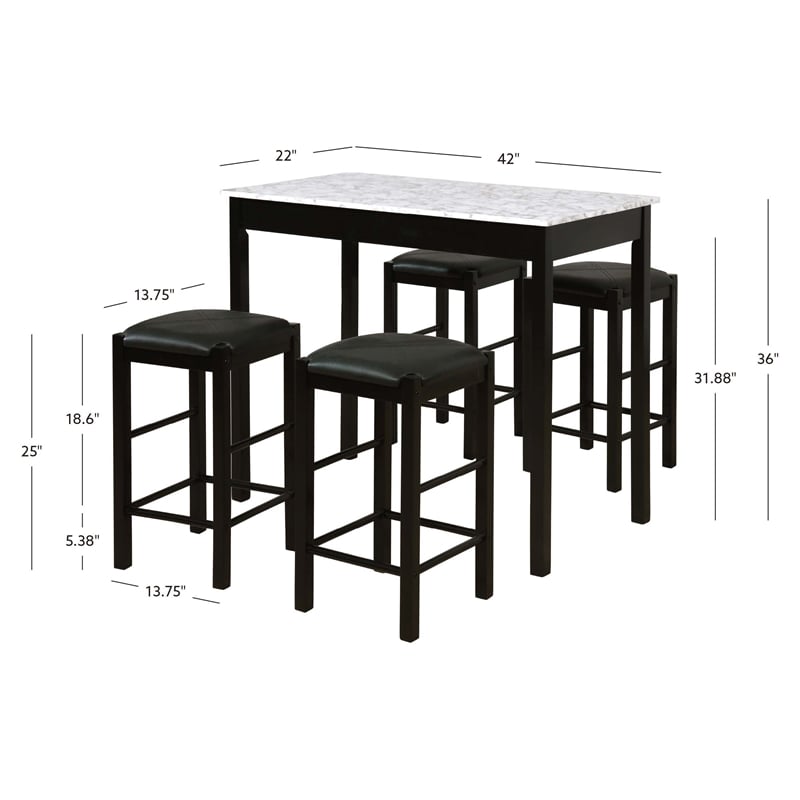 Linon Tifton Five Piece Wood Faux Marble Tavern Set in Black