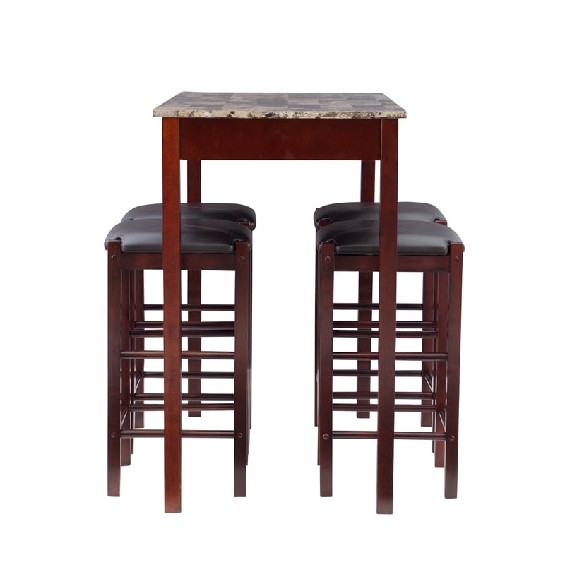 Linon Tifton Five Piece Wood Faux Marble Tavern Set in Espresso