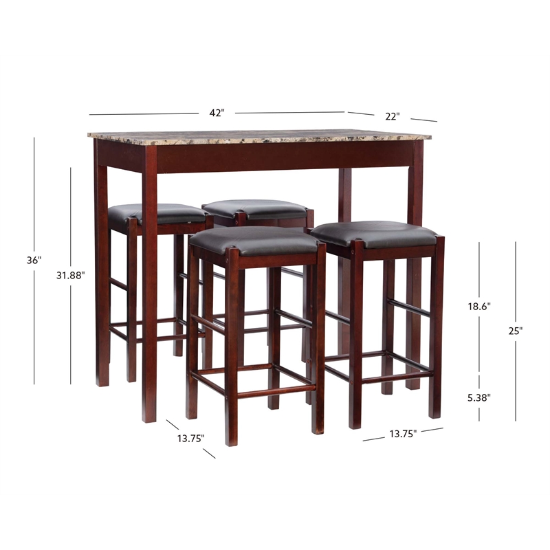 Linon Tifton Five Piece Wood Faux Marble Tavern Set in Espresso