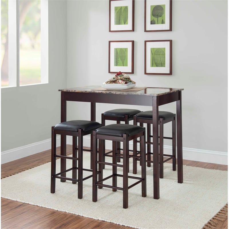 Linon Tifton Five Piece Wood Faux Marble Tavern Set in Espresso