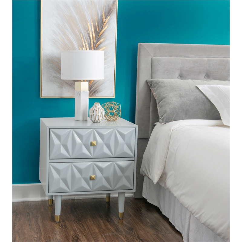 Linon Alick Wood Geo Texture 2 Drawer Nightstand with Gold Hardware in Gray