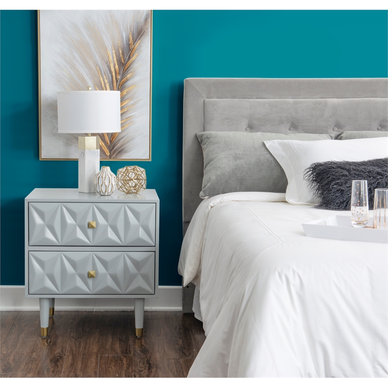 Linon Alick Wood Geo Texture 2 Drawer Nightstand with Gold Hardware in Gray