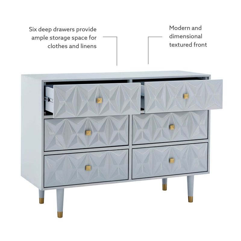 Linon Alick Wood Geo Texture 6 Drawer Dresser with Gold Hardware in Gray
