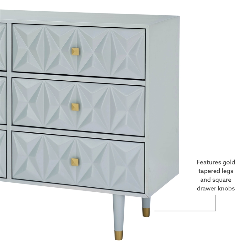 Linon Alick Wood Geo Texture 6 Drawer Dresser with Gold Hardware in Gray
