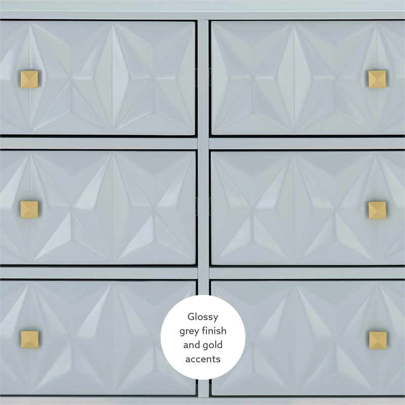 Linon Alick Wood Geo Texture 6 Drawer Dresser with Gold Hardware in Gray