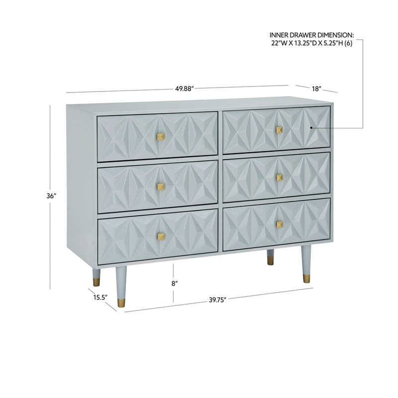 Linon Alick Wood Geo Texture 6 Drawer Dresser with Gold Hardware in Gray
