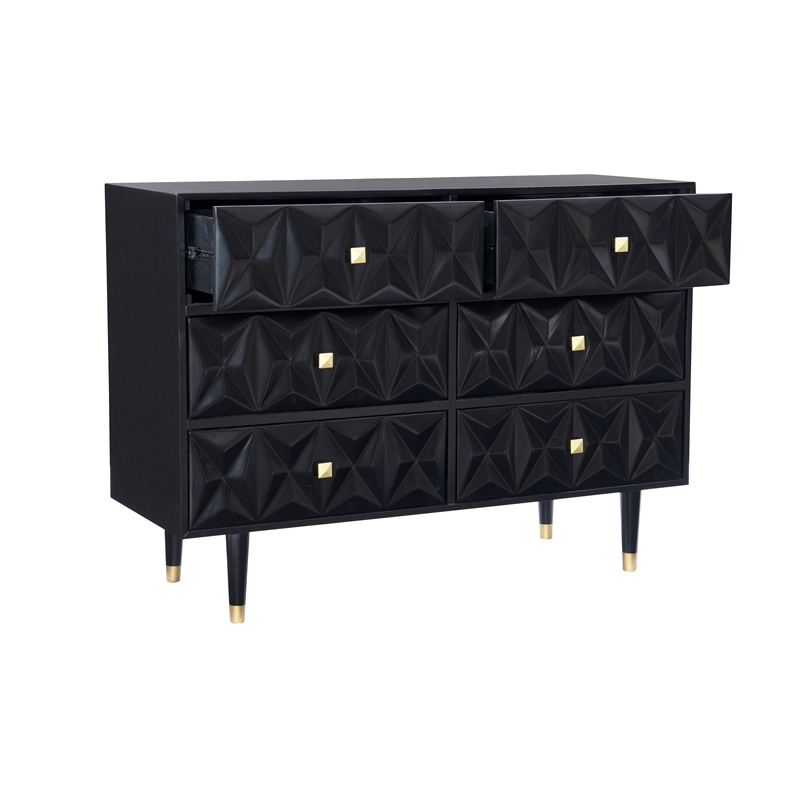 Linon Alick Wood Geo Texture 6 Drawer Dresser Gold Hardware in Glossy Black