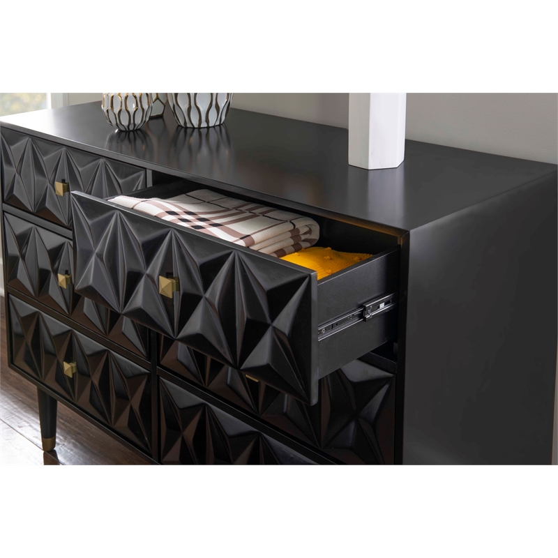 Linon Alick Wood Geo Texture 6 Drawer Dresser Gold Hardware in Glossy Black