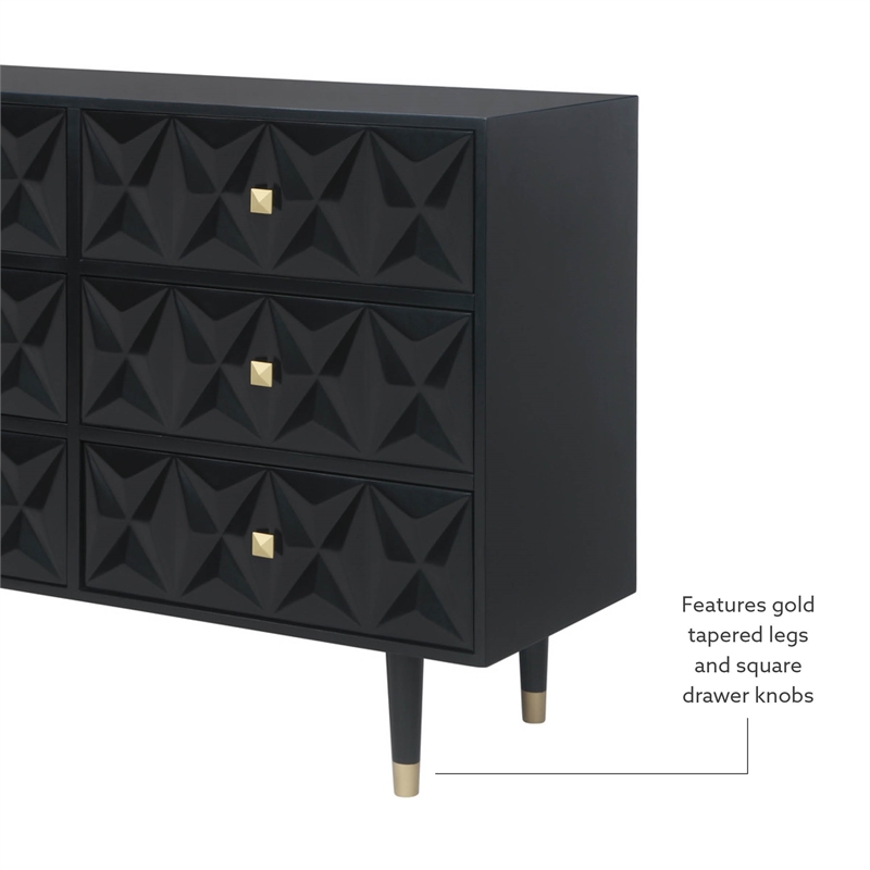 Linon Alick Wood Geo Texture 6 Drawer Dresser Gold Hardware in Glossy Black