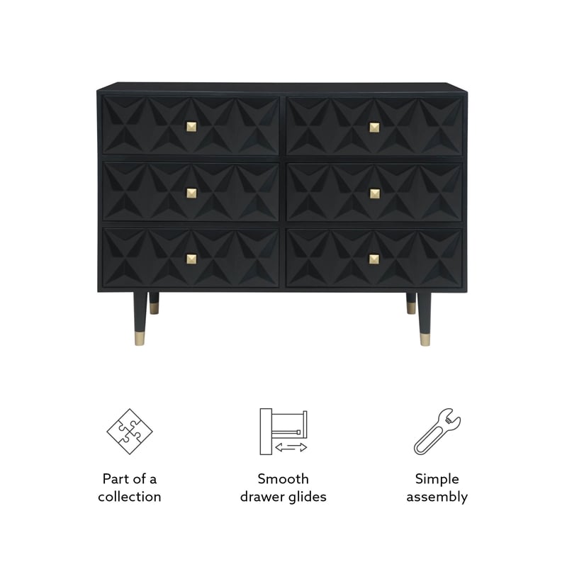 Linon Alick Wood Geo Texture 6 Drawer Dresser Gold Hardware in Glossy Black